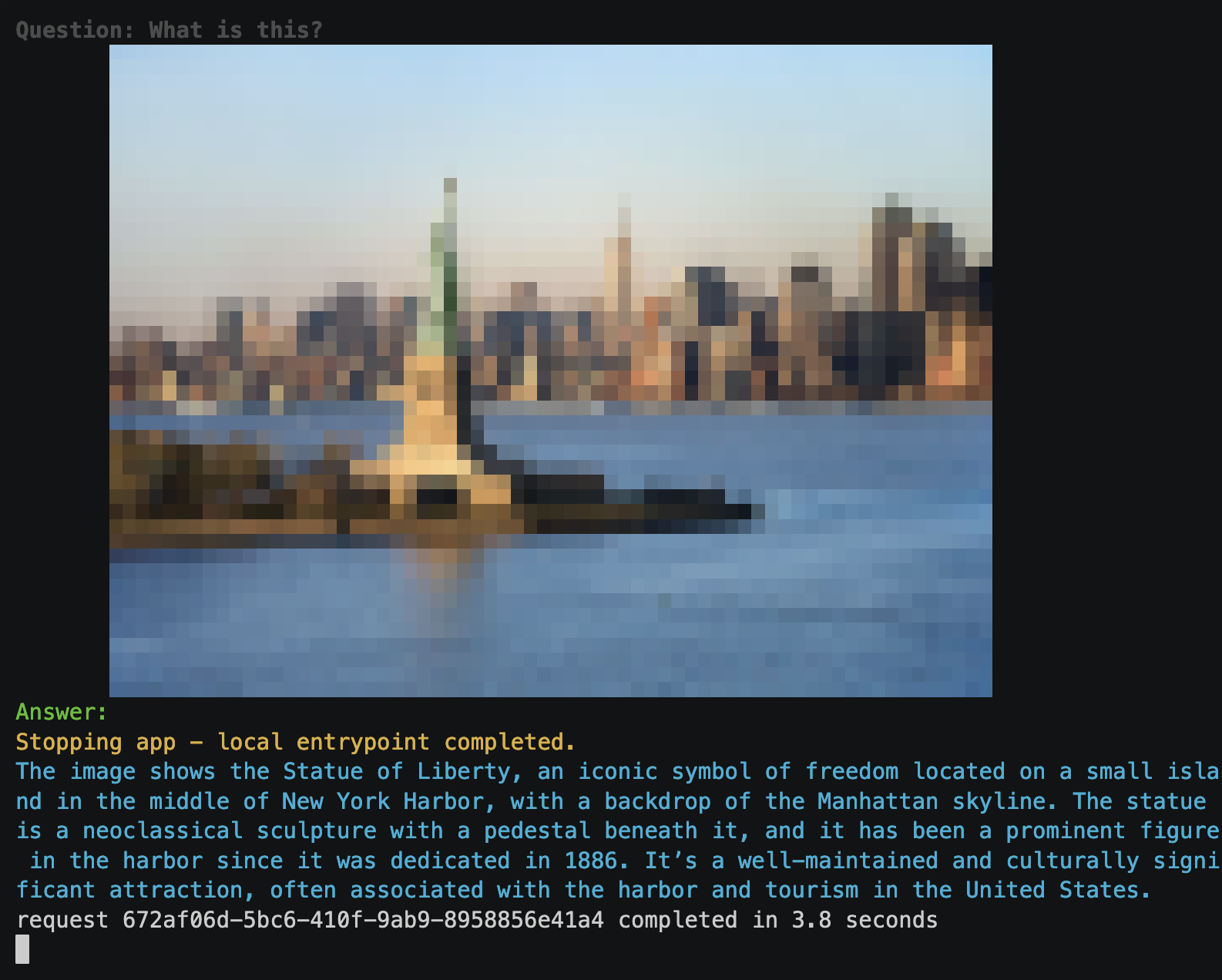 Sample output answering a question about a photo of the Statue of Liberty